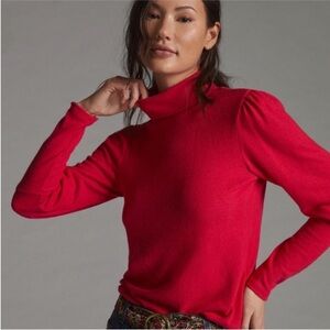 Anthropologie Puff-Sleeved Turtleneck Top Fuchsia Pink size Large
